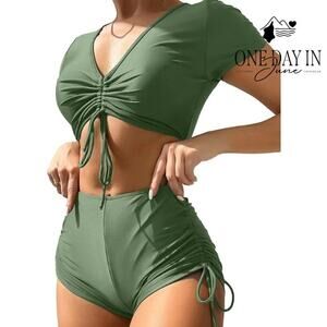 Lilosy Crop Short Sleeve Drawstring Bikini Swimsuit Size S